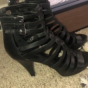 Black Via Spiga leather ankle strap heels